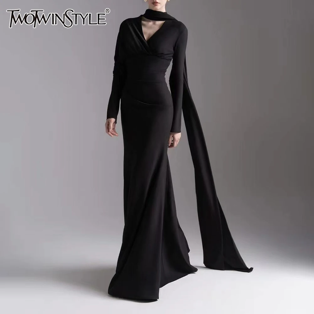 

TWOTWINSTYLE Solid Slimming Spliced Ribbon Fashion Dresses for Women V Neck Long Sleeves Tunic Patchwork Shirring Dress Female