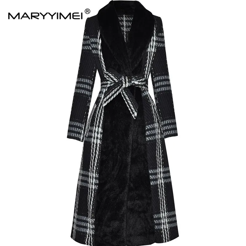 MARYYIMEI Winter New Style Vintage Designer Coat Women Bow Lace-Up Single-breasted Long-Sleeved Black/Green Overcoat