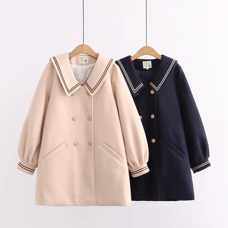 

Japan Style Sailor Collar Woolen Coat Women Winter New Double Breasted Pockets Cotton Padded Outerwear Fashion Warm Overcoat