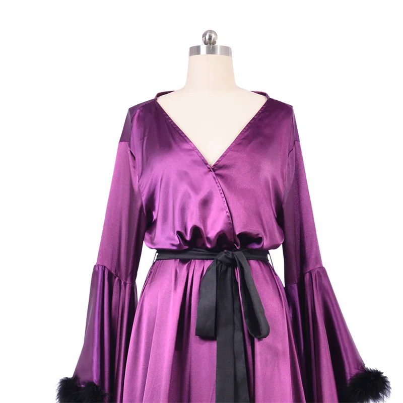 

Medieval Ladies Robe Pajamas Vintage Wedding Long Bridal Boudoir Robe Purpl Luxury Evening Dress Feathered Edge Kimono Nightgown