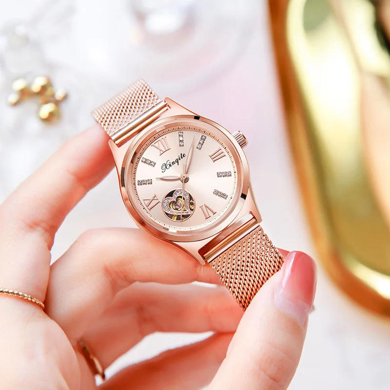 Automatic Women\'s Mechanical Watches Stainless Steel Material Rose Gold Casual Style Love Tag Girl Watch Purple Leather Strap