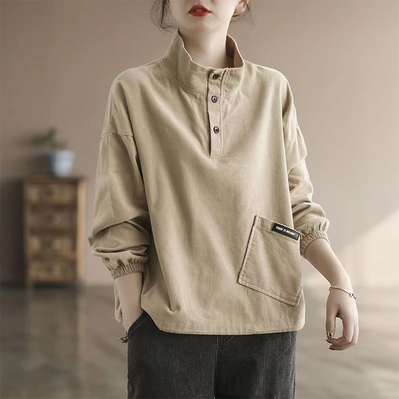 Autumn Korean Fashion New Sports Chic Vintage Casual Shirt Women Young Style Solid Color Long Sleeve High Neck Pocket Button Top