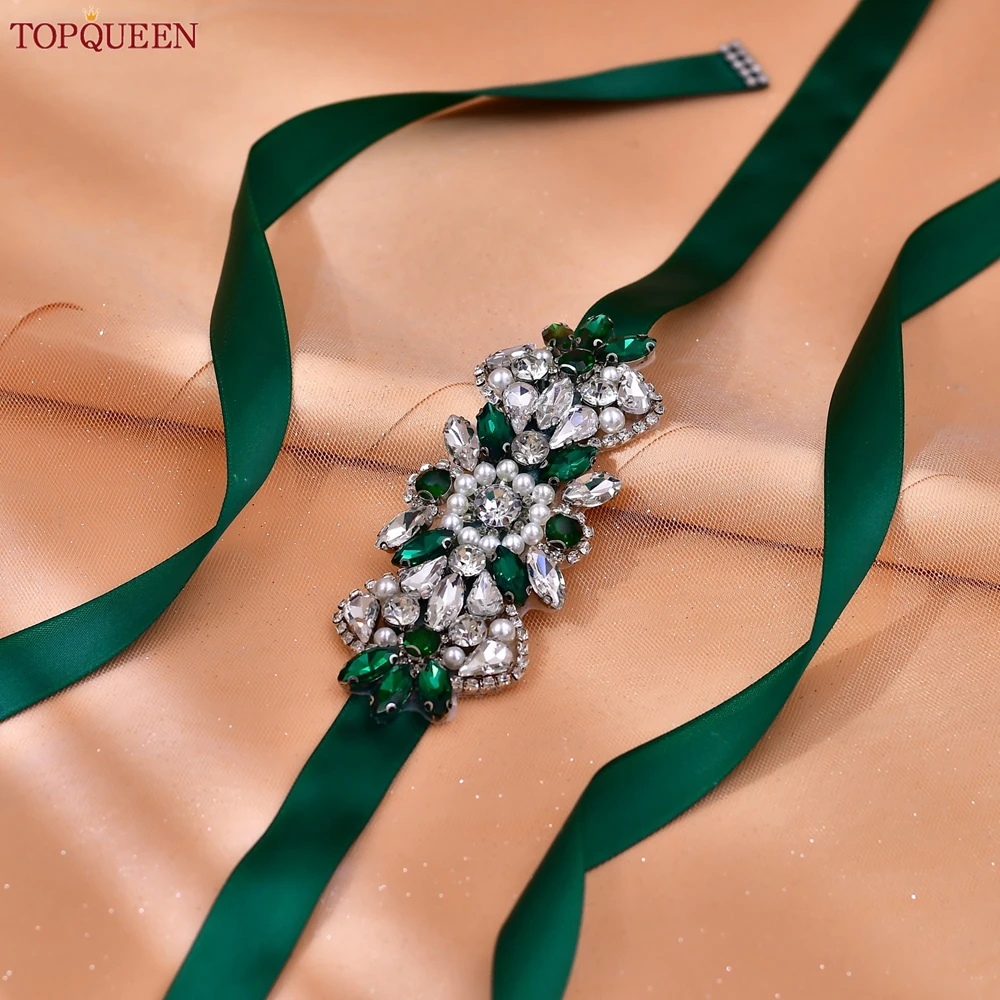 TOPQUEEN Fashion Bridal Belt Wedding Accessories Emerald Gemstone Applique Bridesmaid Belt Party Prom S86-KL