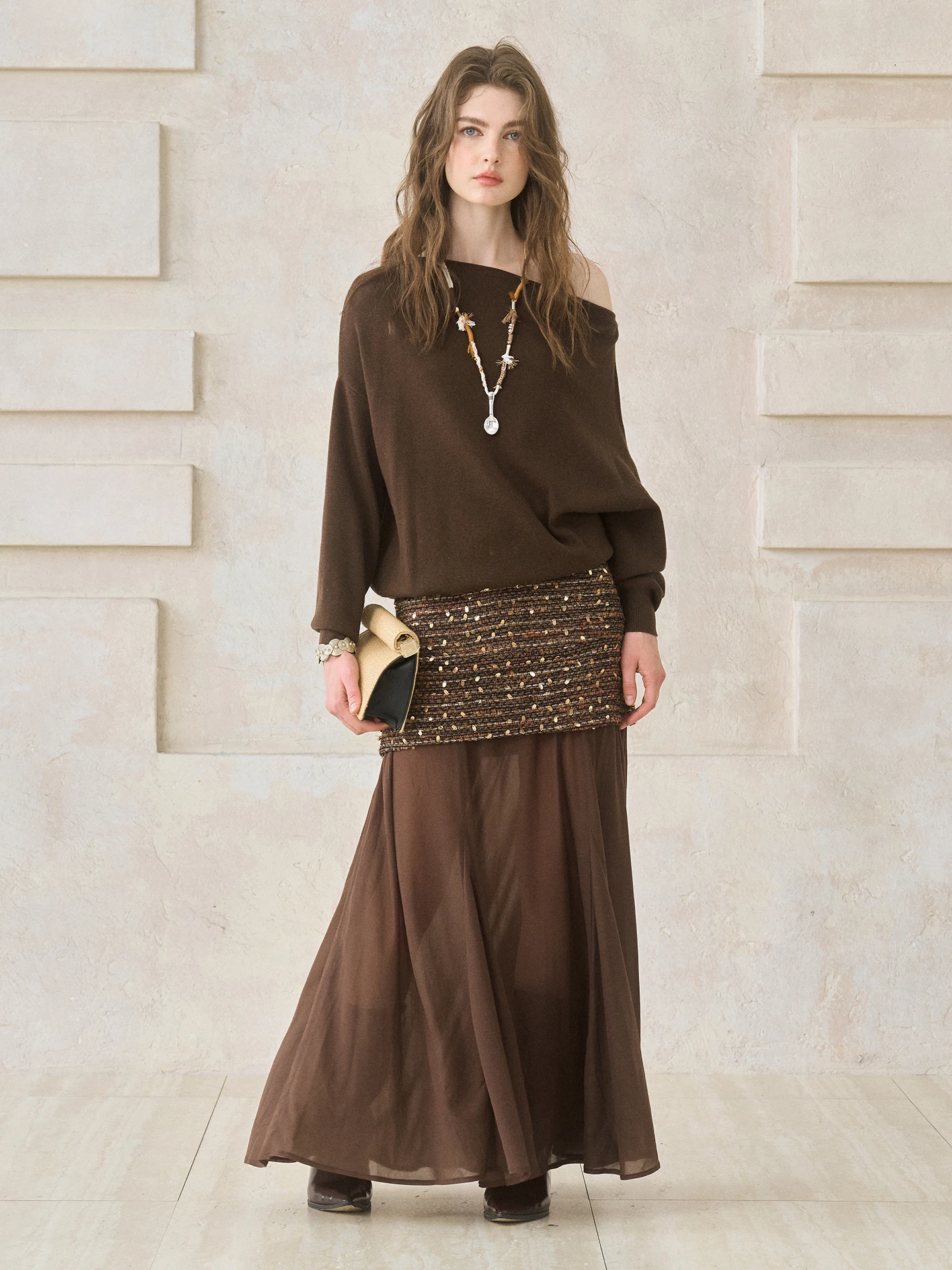 

Miorastudio Retro Walnut Brown Splice Skirt High Waist Slimming Drapey Long Ladies Fashion Travel Wool Polyester Blend Straig...