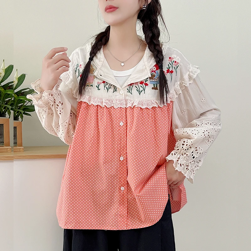 Japanese Mori Girl Vintage Polka Dot Cartoon Girl Flower Embroidery 100% Cotton Hooded Shirts Women Spring Long Sleeve Blouse