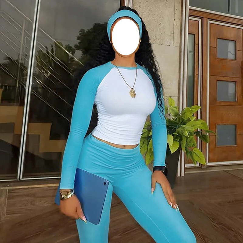 

OMSJ 2025 Vitality спортивный комплект контрастных цветов, женская повязка на голову + тонкая футболка с длинным рукавом и круглым вырезом + брюки со складками, модный сексуальный наряд