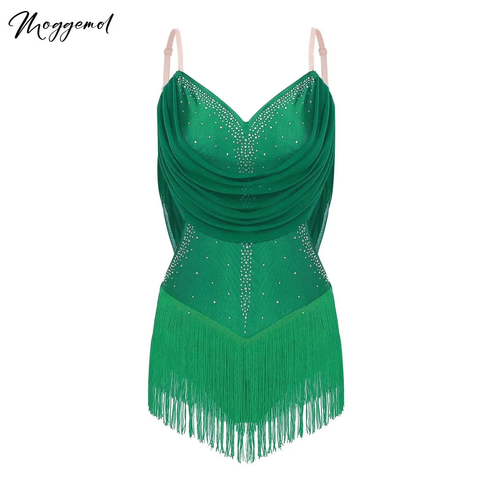レディースラテンダンスドレスタッセルダンスレオタードキラキララインストーンフィギュアスケートチャチャサンバタンゴ社交フリンジ付きボディスーツ