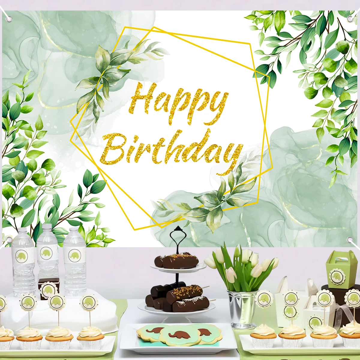 أوراق الأوكالبتوس الخضراء عيد ميلاد البوليستر خلفية حفلة عيد ميلاد ديكور الاطفال حفل زفاف عيد ميلاد لوازم استحمام الطفل #2