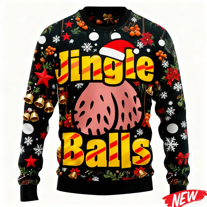 

Jingle Balls Graphic Ugly Christmas Sweater For Men Funny New Year 2026 Sweatshirts Women Holiday Crew Neck Loose Hoodie Tops