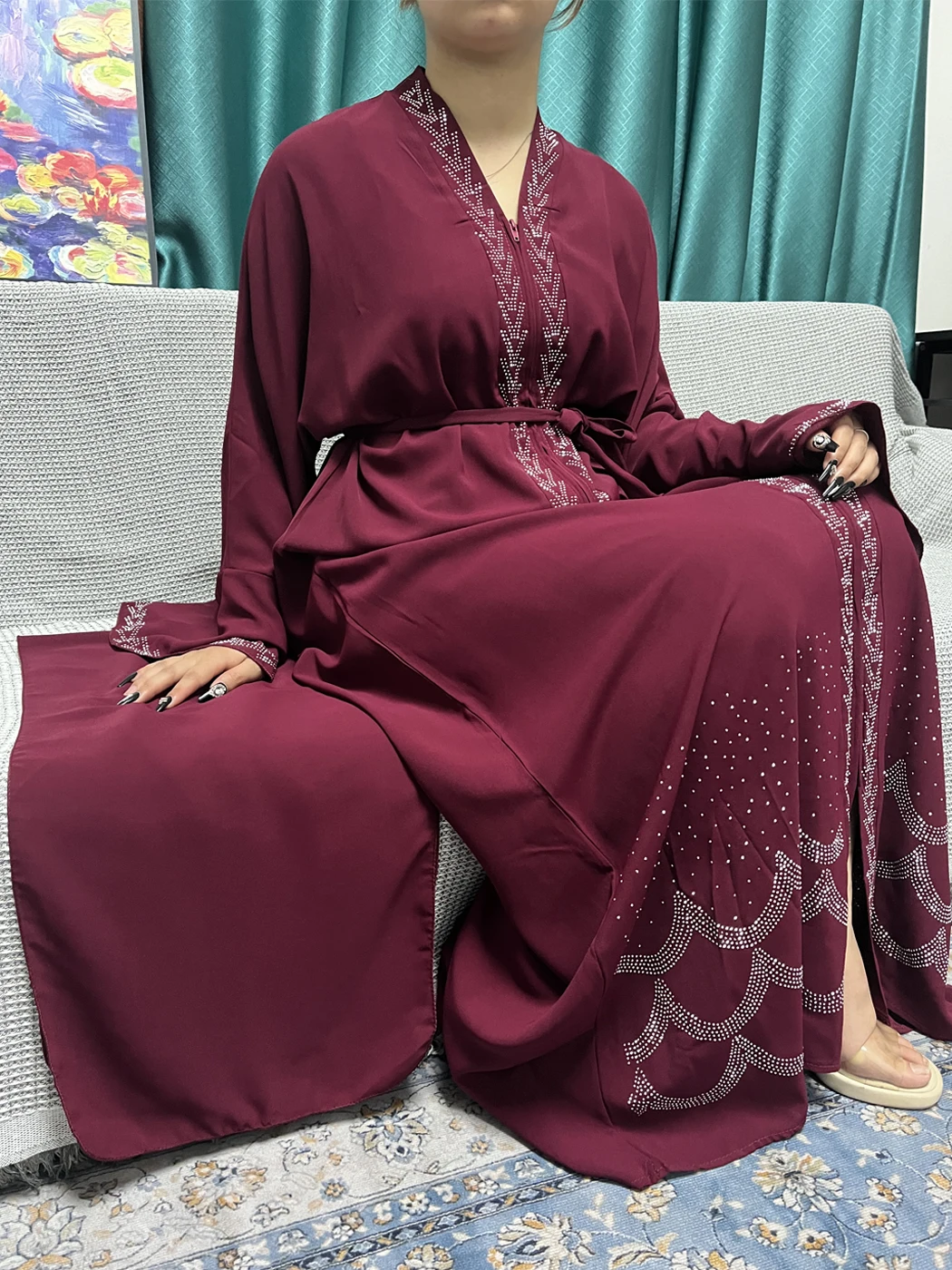 Open Abayas For Women Dubai Islam Muslim Zipper Diamond Inlaid Solid Color synthetic Royal Chiffon Loose Fit Robe With Headscarf