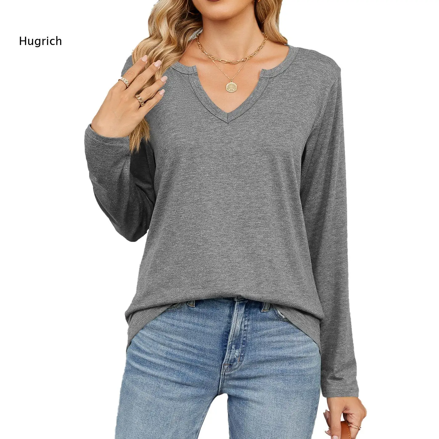 Ladies Heather Blue Notched V Neck Long Sleeve Top Soft Loose Fit Daily Casual Basic Shirts