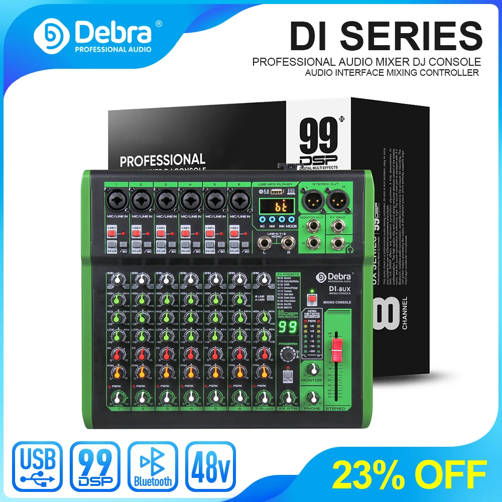 Debra DI pro Mixer Audio for Home Karaoke Live Broadcast Recording Studio with 99 DSP Digital Effects And USB MP3 Input