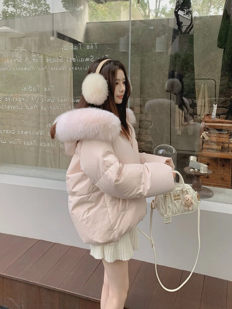 

Winter Sweet Pink Parkas Women Fashion Long Sleeve Faux Fox Hooded Coat Female Kawaii Thick Warm Korean Chic Outwear Jacket