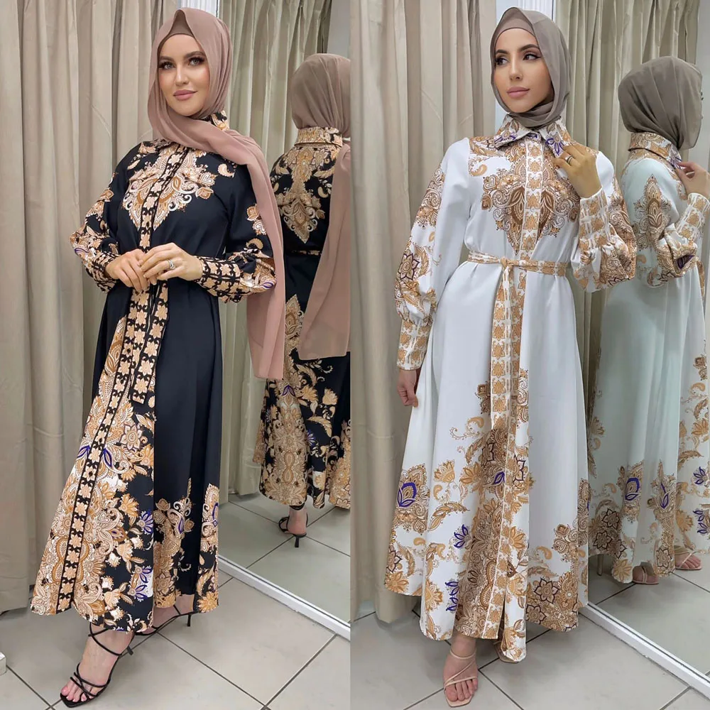 

Luxury Muslim Women Shirt Dress Morocan Kaftan Long Sleeve Turkey Dubai Print Arabic Abaya Islamic Clothing India Dresses Robe