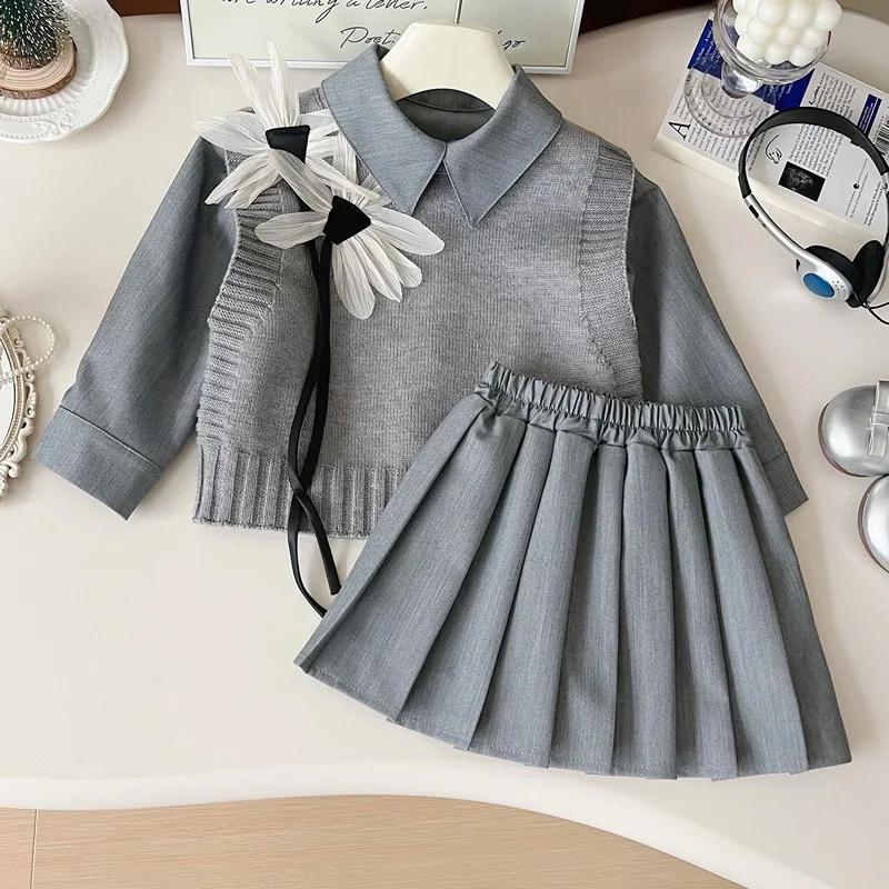 

Girls' Suit Skirt2024Autumn New Wool Vest Vest Solid Color Long-Sleeved Shirt Pleated Skirt Three-Piece Set