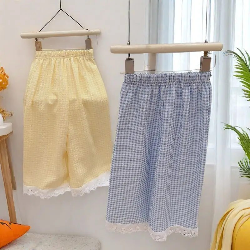 

Girl's Checkered Wide-leg Pants 2025 Summer Korean Version Lace Trim Trendy Summer Mosquito-proof Pants