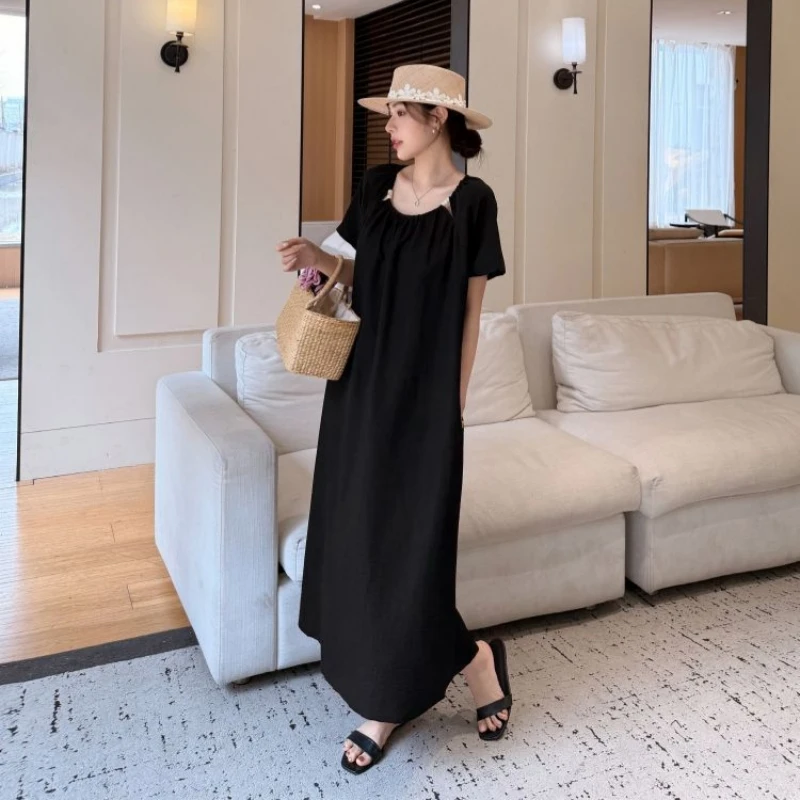 فستان صيفي رائع من القطن والكتان بأكمام قصيرة أنيق طويل مقاس كبير مطرز للعطلات فستان نسائي فضفاض مناسب رداء Elbise