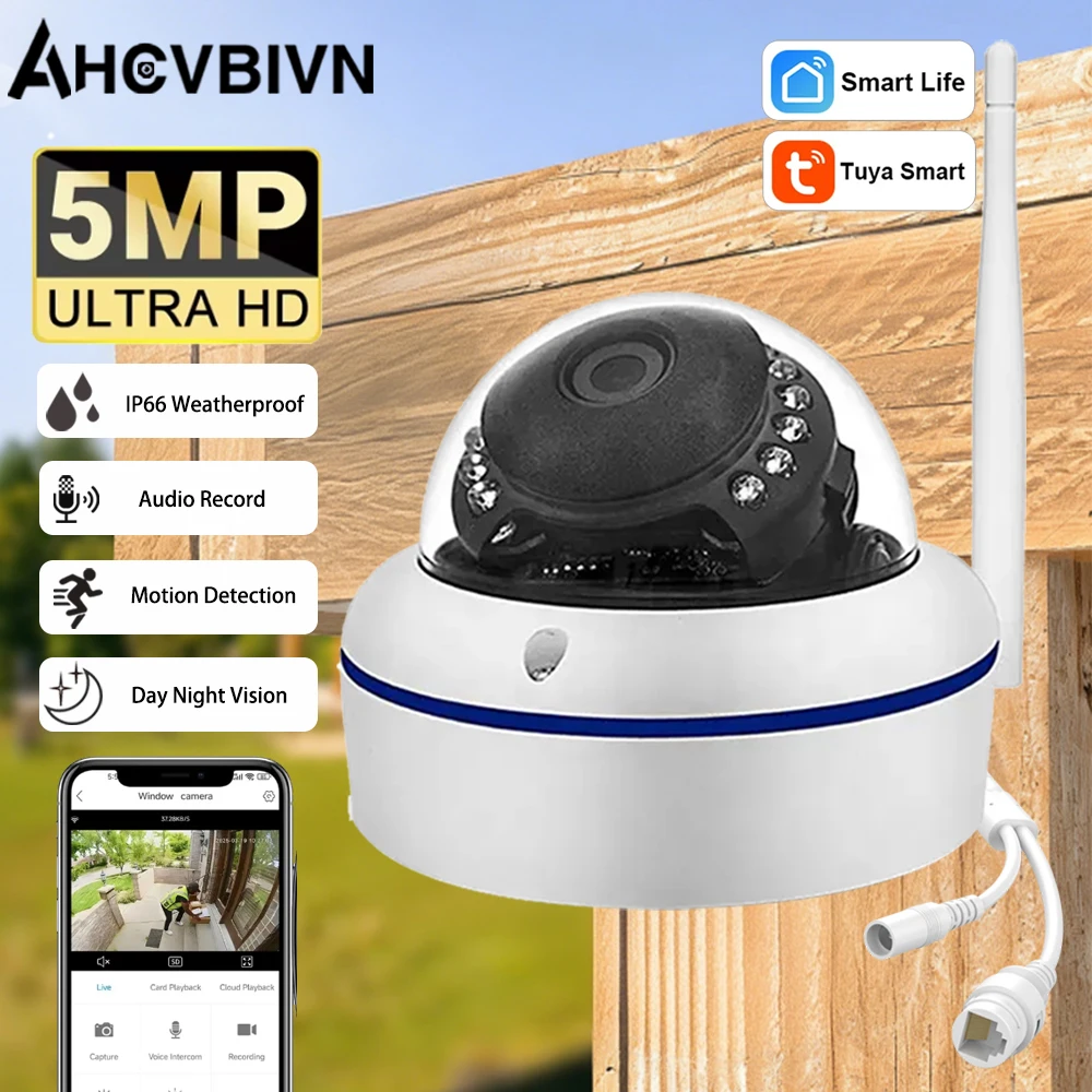 

Уличная всепогодная купольная Wi-Fi камера Tuya SmartLife 5 МП 2K HD с PoE, отслеживанием движения, ночным видением и записью звука