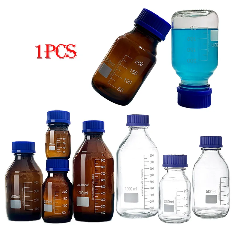 1Pcs 25-1000ml Brown/Clear Graduated Round Glass Media Storage Bottles with Blue GL45 Screw Caps for Lab Water Reagent Liquids