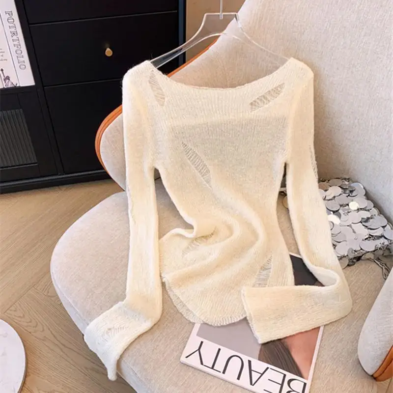 Sexy Spicy Girl Hole Punching One Shoulder Knitted Sweater Women Early Autumn Irregular Base Shirt Commute Style Slimming