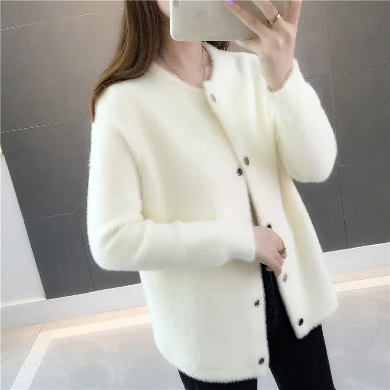 Mink Fur Autumn and Winter Sweater Coat 2022 New Women's Loose Velvet Long-sleeved Cardigan Female Sold Color Jacket Top Woman