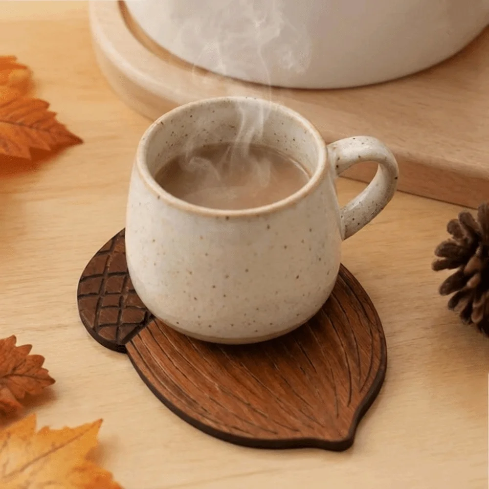 5PCS 2D Flat Acorn-Shaped Coasters Anti Scald Non-Slip Coffee Coasters Natural Heat-Resistant Insulation Pad Holiday Decor