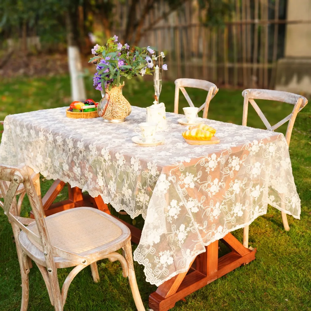 Home Decoration Embroidered French Lace Tablecloth Vintage White Table Linen Organza Table Runner Wedding