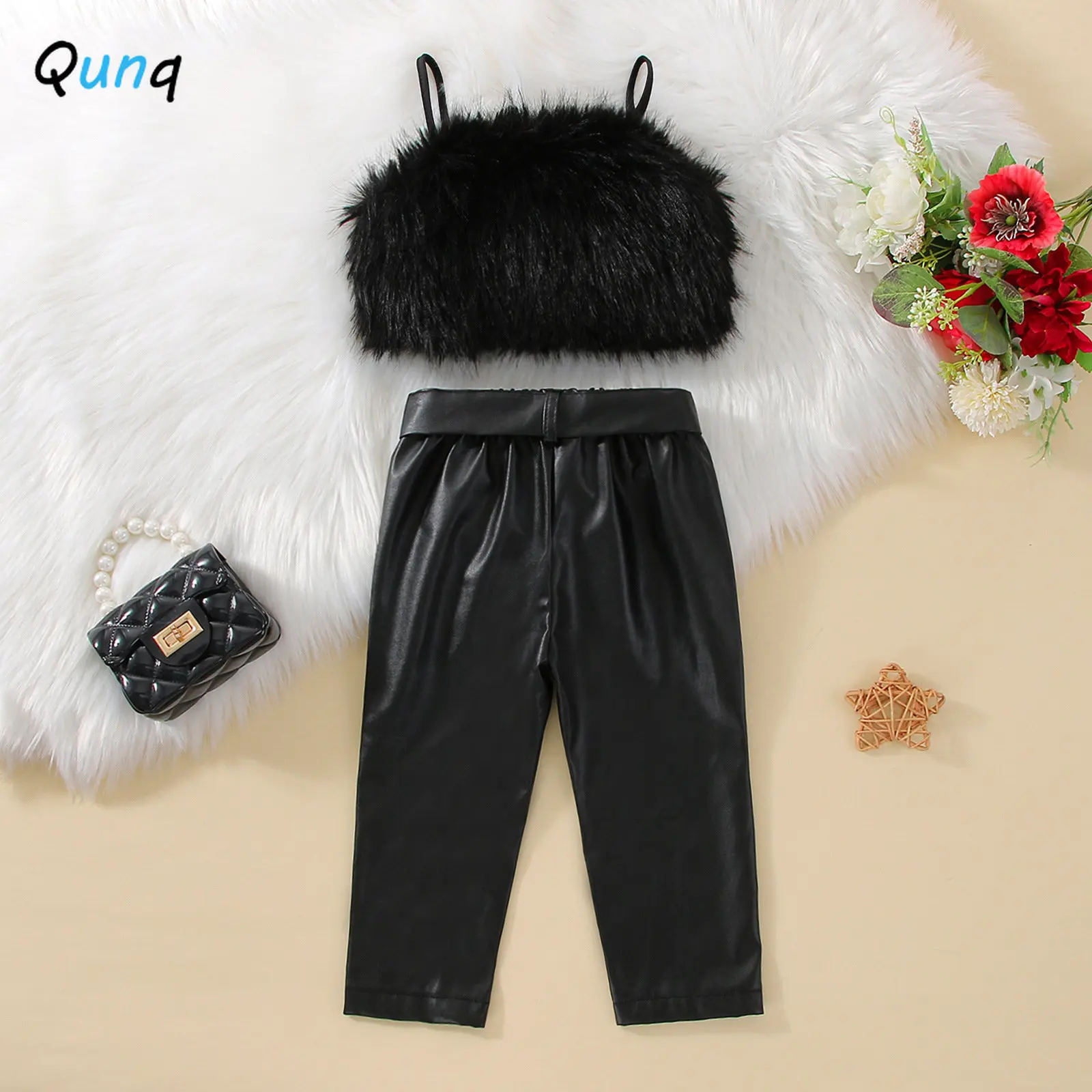 Qunq S2023 Summer INS Girls New Plush Camisole Sling Top + Pu Leather Pants And Belt 3 Pieces Set Casual Kids Clothes Age 3T-8T