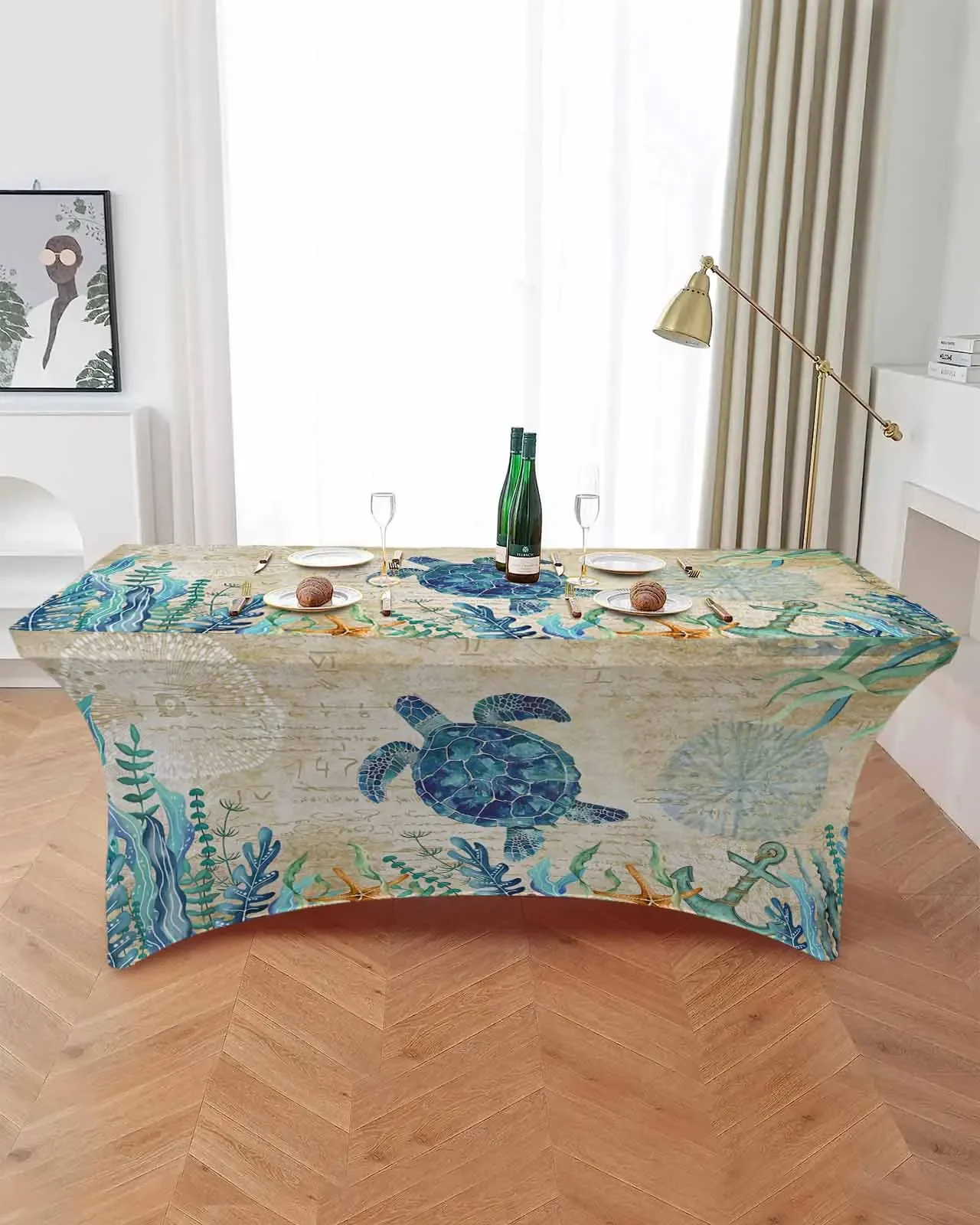 Retro Marine Life Turtle Seaweed Starfish Anchor Rectangular Elastic Table Skirt Wedding Table Cover Kitchen Dining Tablecloth