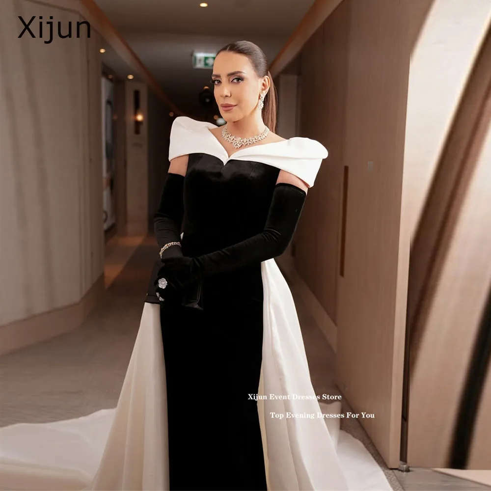 

Xijun Elegant Black Velvet Evening Dresses Off The Shoulder Pleated Formal Prom Dresses Simple Luxury Dubai Prom Gown Customized