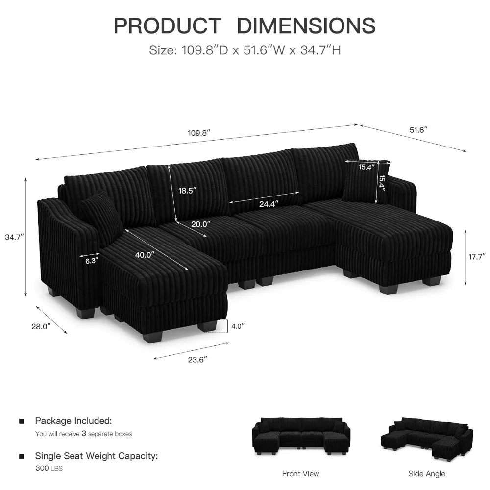 U Shaped Sectional Sofa with Reversible Chaises & Ottomans Corduroy for Living Room, Custom