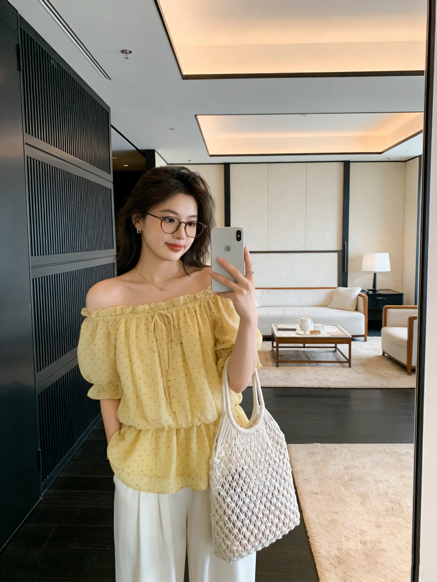 

Korean Style Polka Dot Bubble Sleeve Shirt Short Sleeve One Shoulder Waist Cinched Sweet Summer Women's Versatile Top