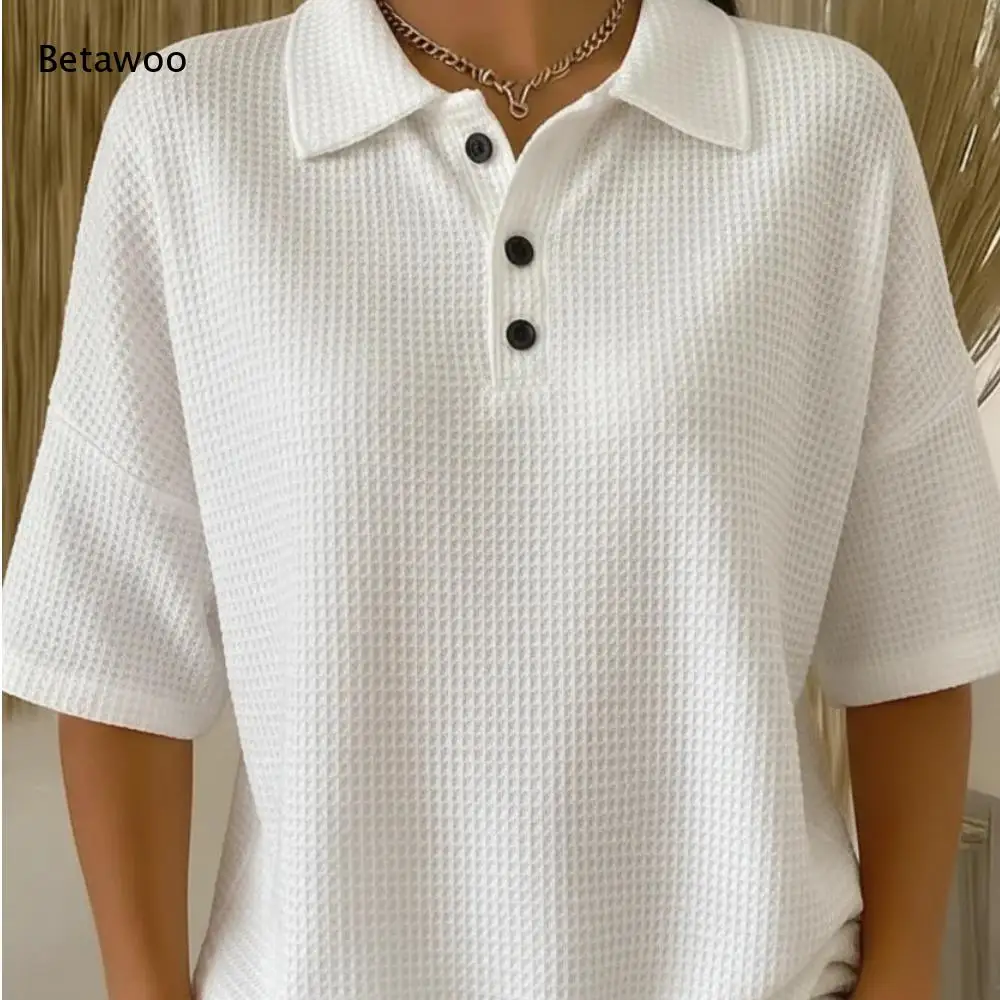 Women Solid Knit Polo Top Lapel Half Placket Drop Shoulder Short Sleeve Relaxed Fit Casual Tee Suitable for Commuting Daily