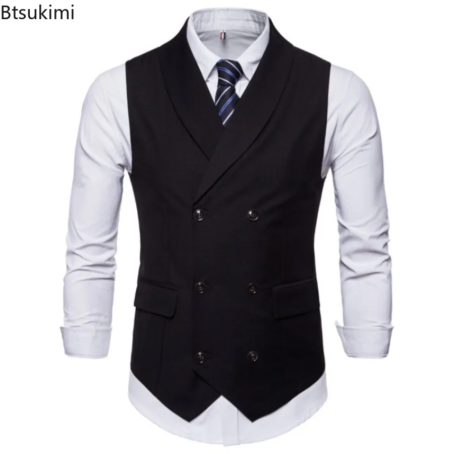 Men's Suit Vest Solid Dress Vest Male Double Breasted Waistcoat Slim Fit Formal Business Sleeveless Men's Vests Plus Size 4XL