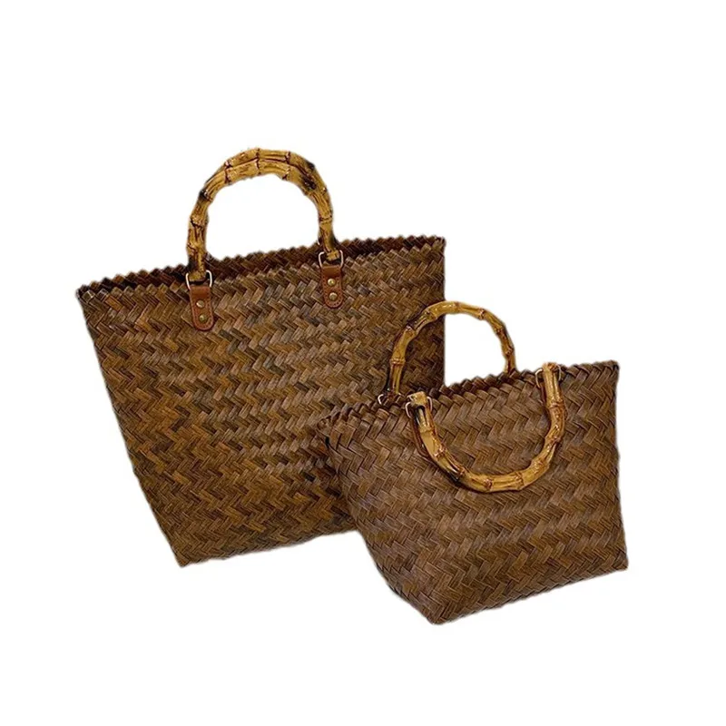 2023 New Trend Straw Retro Large-Capacity Vegetable Basket Woven Portable Tote Bag Hand-Held Beach Bag