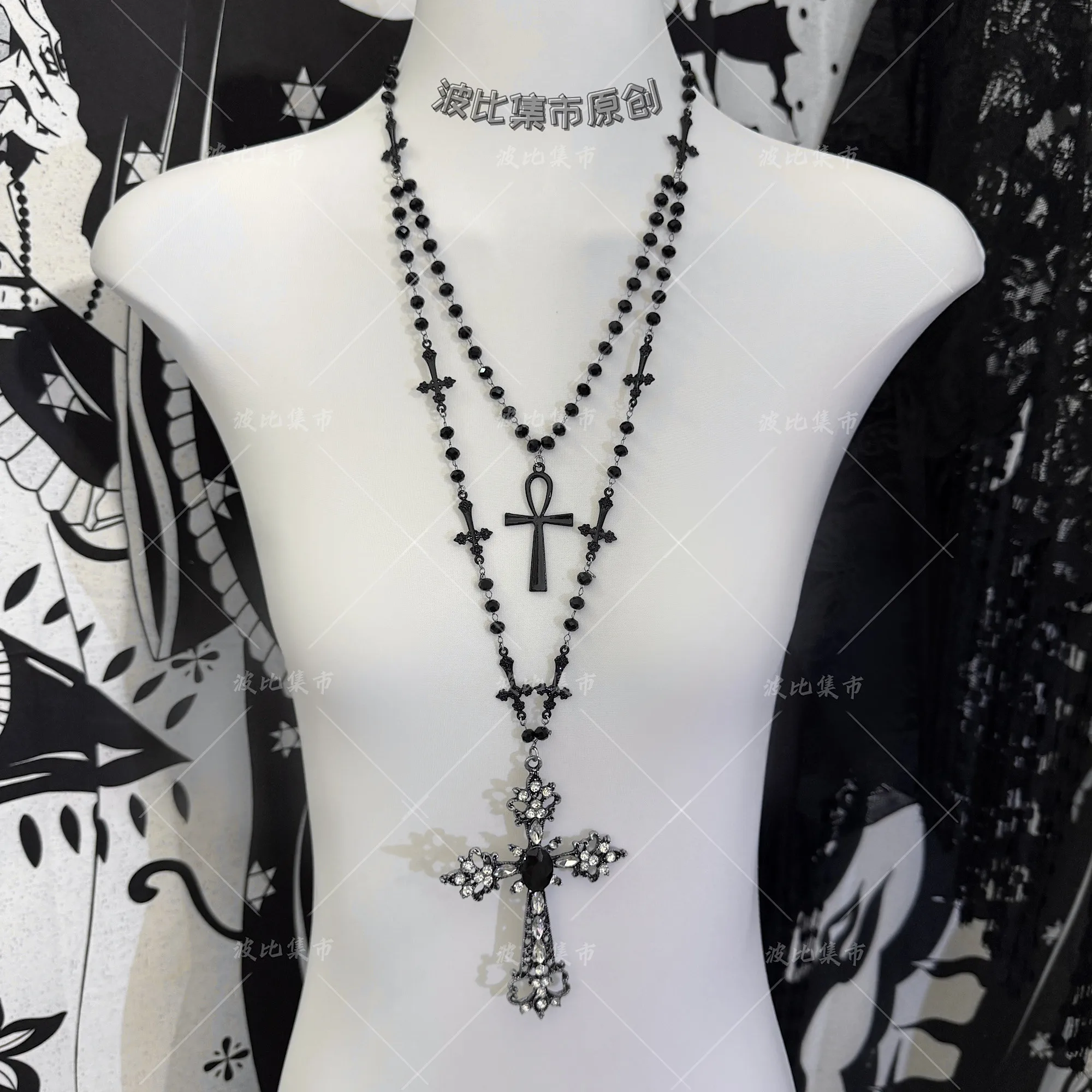 Dark Aesthetic Layered Gothic Cross Necklace Subcultural Jewelry Lolita Gothic Punk Cross Gothic Rosary Statement