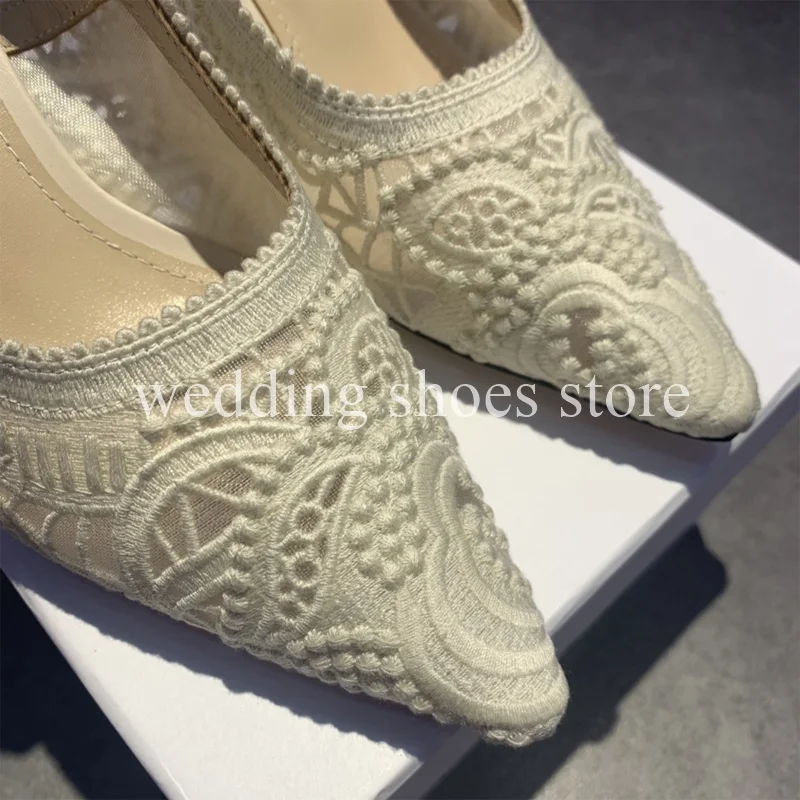 White Lace Embroidered Knitted Strap High Heels Sexy Bowknot Ankle Strap Women Pointy Low Heels Summer Wedding Single Shoes