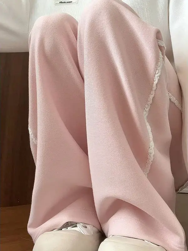 بنطلون أمريكي عالي الخصر وواسع الساق مزين بالدانتيل كاجوال بنطال رياضي مستقيم بطول الأرض للنساء #4