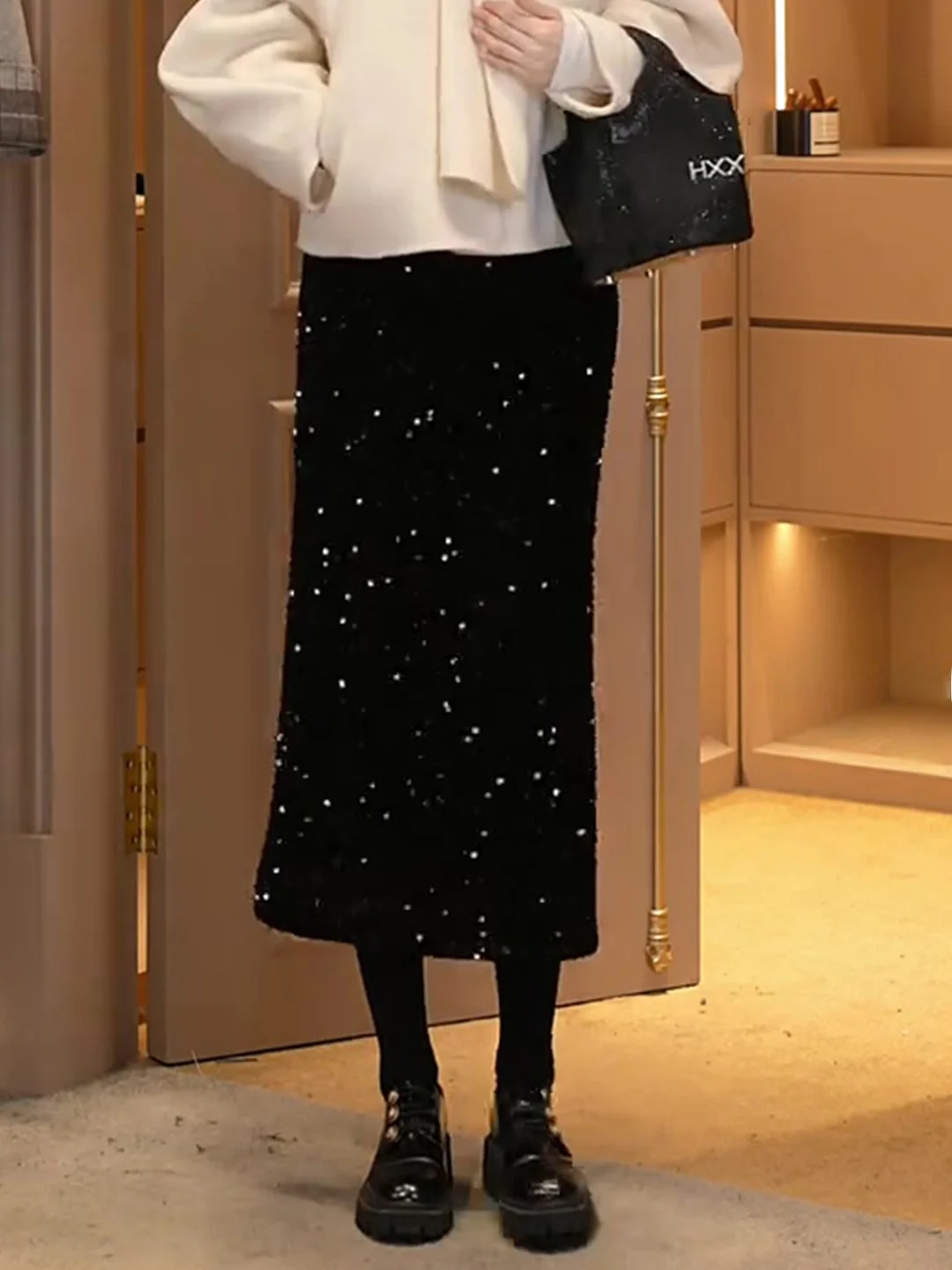 

Donna Women's Ele iny Sequin ter Ne Dr High Waist Straight Cut Spring Autumn New Sle Mature Sensation