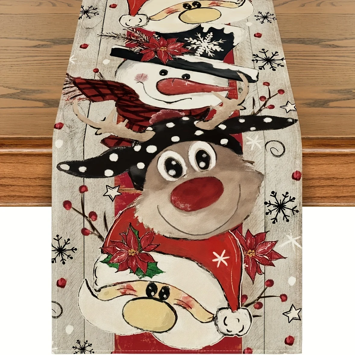 Christmas Table Runner - トナカイ、サンタクロース、雪の結晶のクリスマステーブルランナー、季節限定の冬の装飾、キッチンやダイニングテーブル、ホームクリスマスパーティーのデコレーションに。
