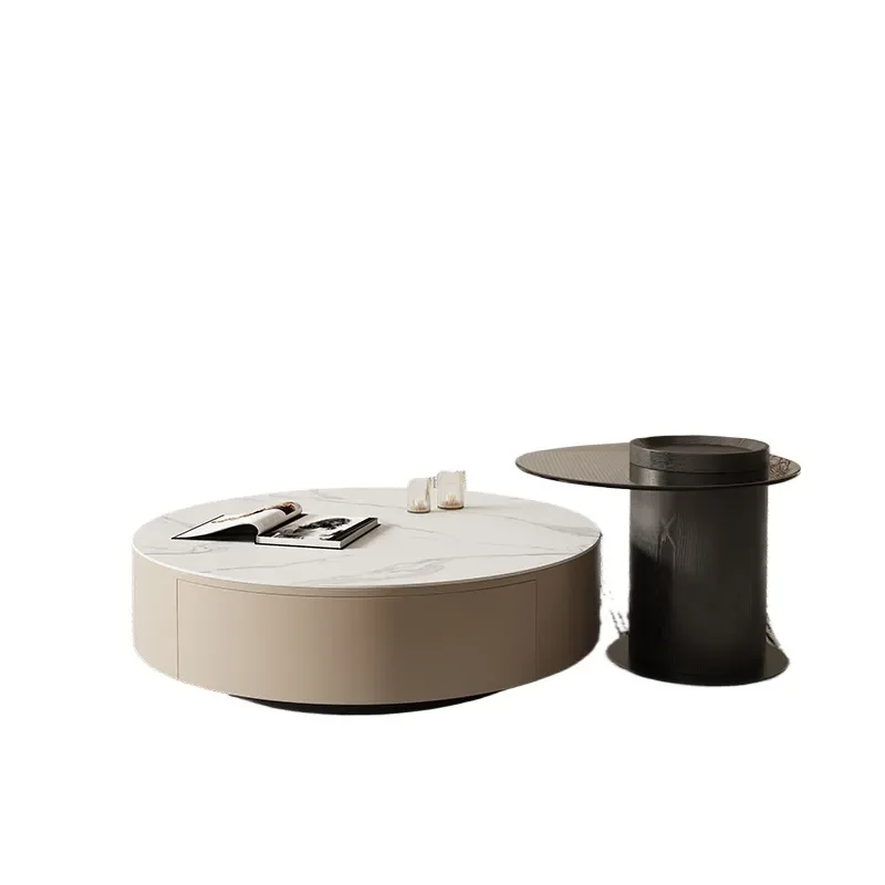 Round Rock Slab Coffee Table and TV Cabinet Combo Modern Simple Living Room Side Table for Small Apartment Home Furniture