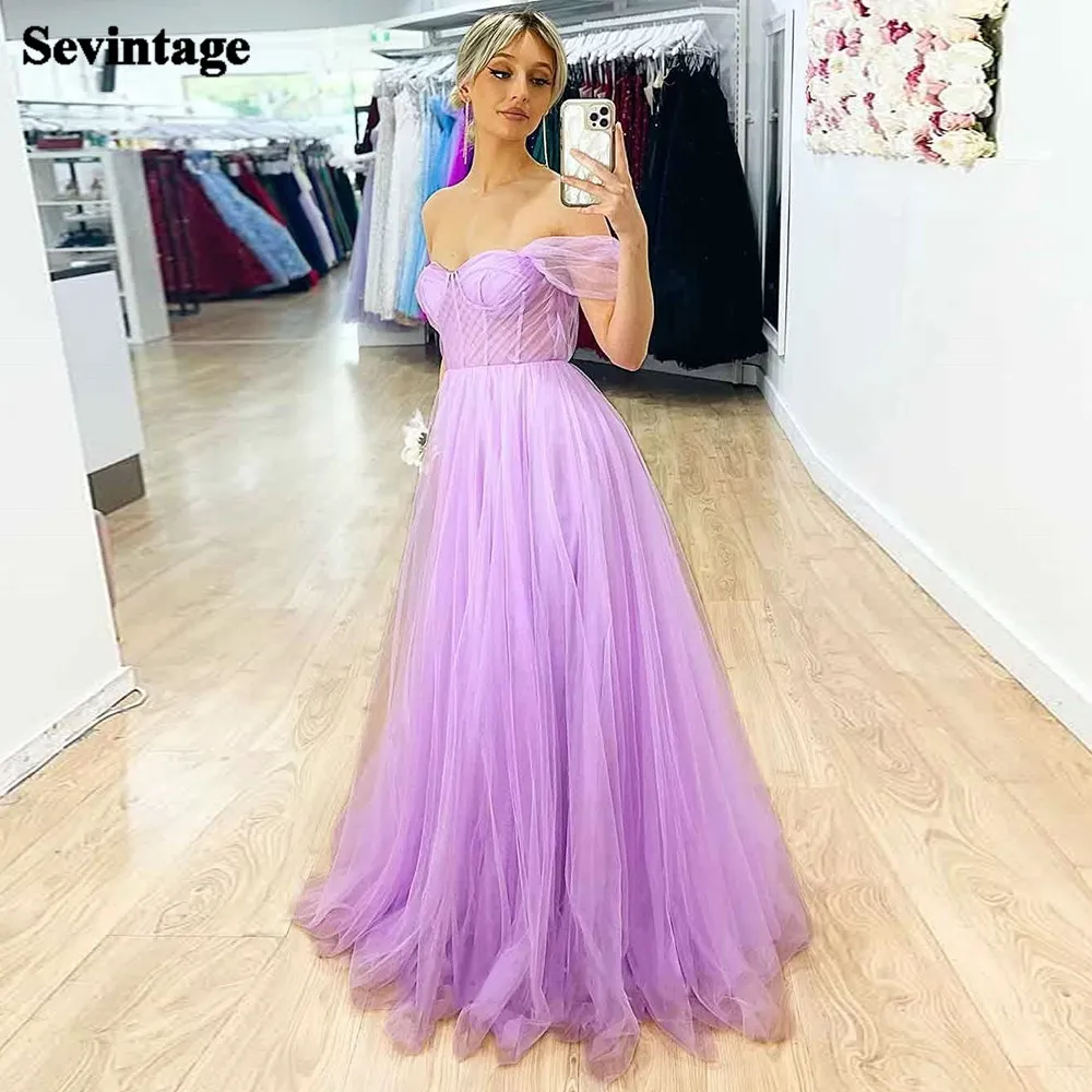 

Sevintage Simple Lilac Tulle Prom Dresses Off The Shoulder A Line Pleats Fitted Bones Evening Gowns Women Formal Party Dress