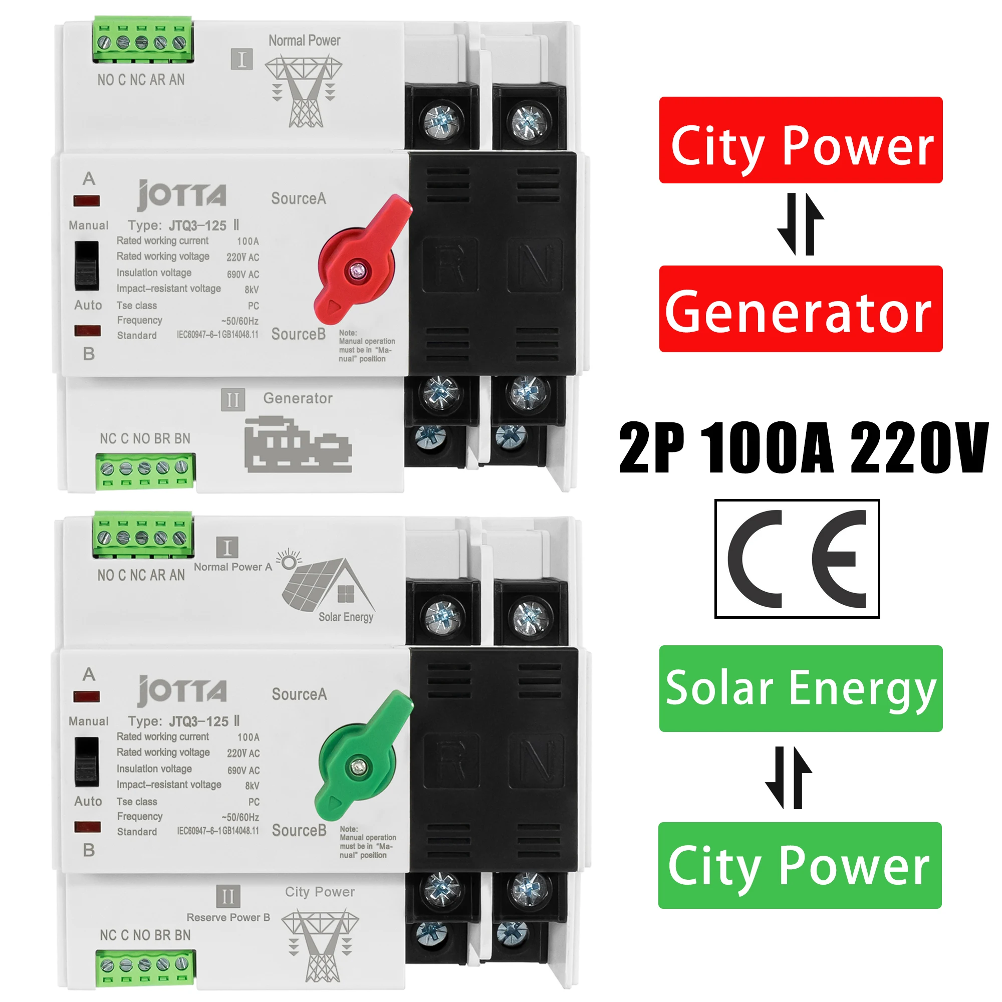 

JOTTA W2R-2P/3P/4P 100A 220V Mini ATS автоматический переключатель, электрические переключатели, двойной выключатель питания