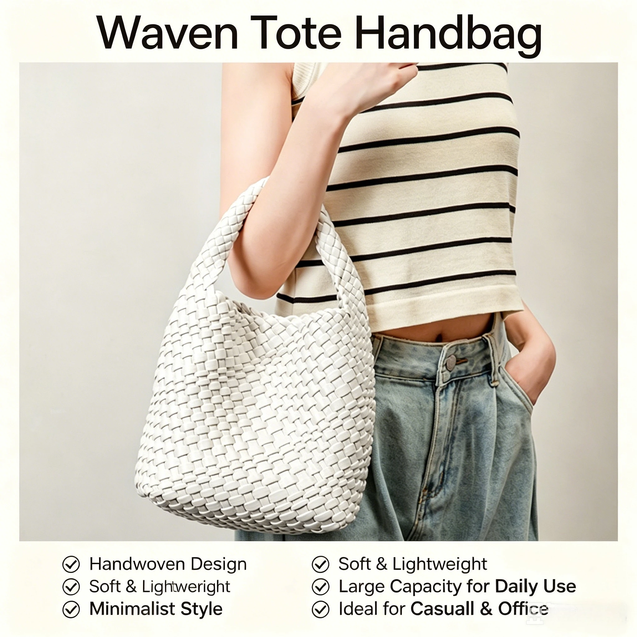 

Handmade Hollow Woven Tote Bag for Women Large Capacity Leather Handle Shoulder Bag Casual Fashion Handbag for Daily & Beach