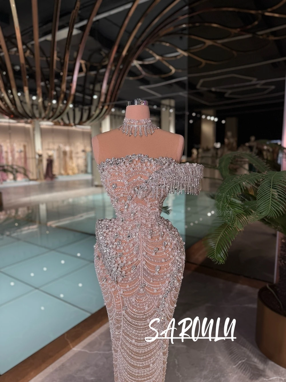 

Richly Pearls Crystals Beads Evening Dress Illusion Sparkly One Shoulder Cocktail Unique Tassel Stunning Bodycon Prom Gown