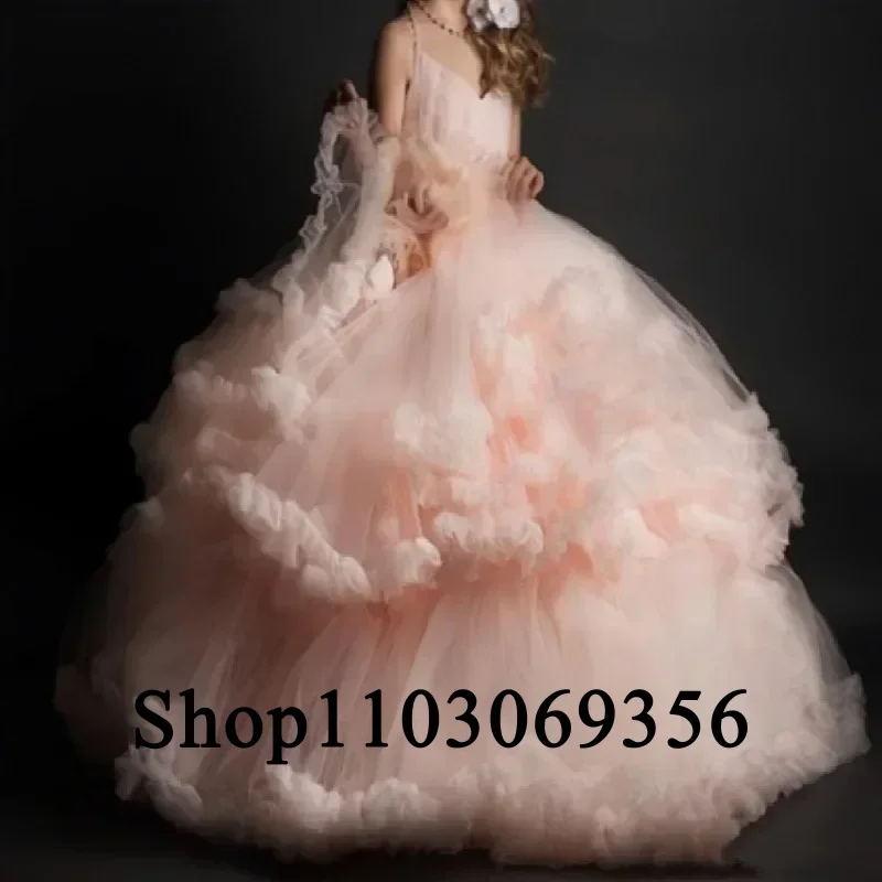 Vestidos florais rosa para meninas, babados, costas nuas, para casamento, crianças, baile, primeira comunhão, concurso, aniversário, gola v, em camadas