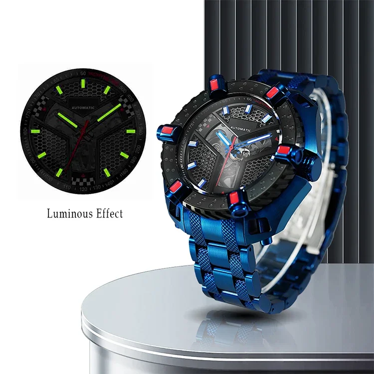 Blue Fashionable Wheel Design Men's Mechanical Watch Stainless Steel Gent Watch 100M Water Resistance Luminous Watch Steel