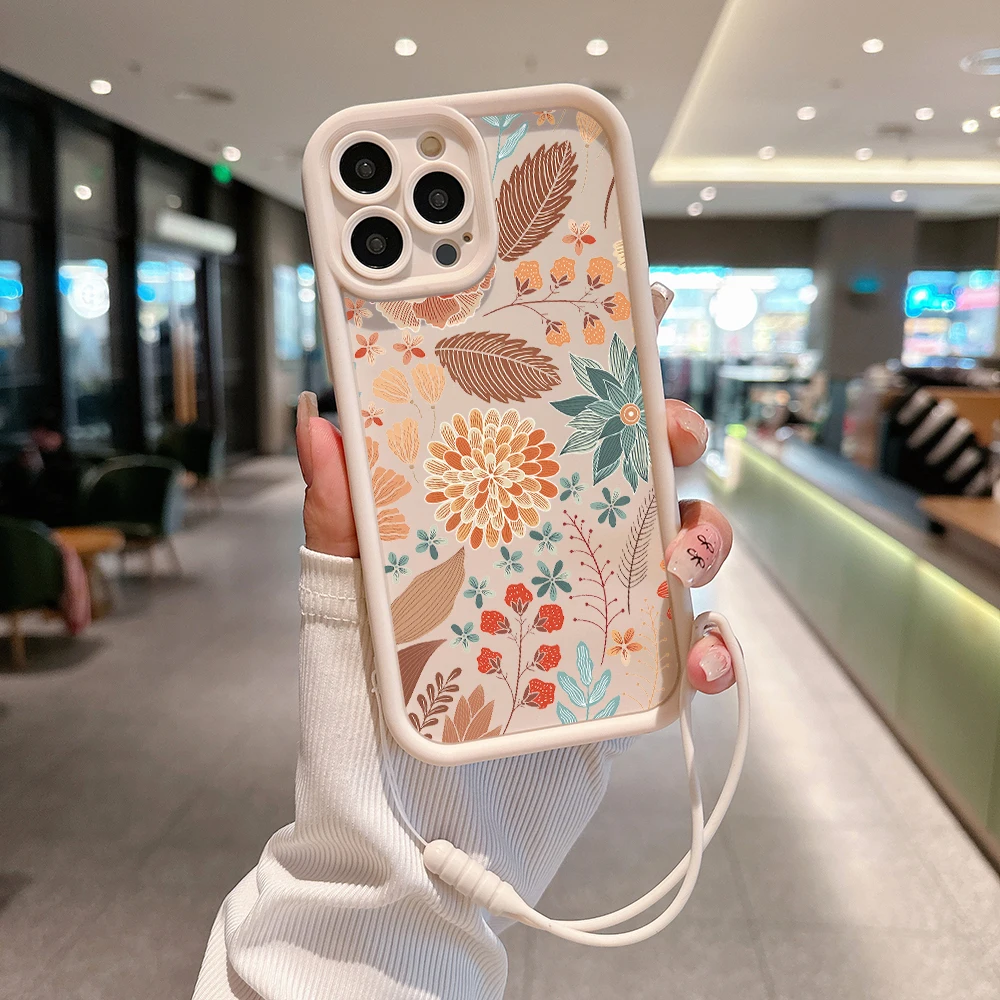 INS Bustling Pattern Flowers Phone Case for IPhone 15 14 13 12 11 Pro Max Mini XR X 7 8 Plus Soft TPU Back Cover With Hand Strap