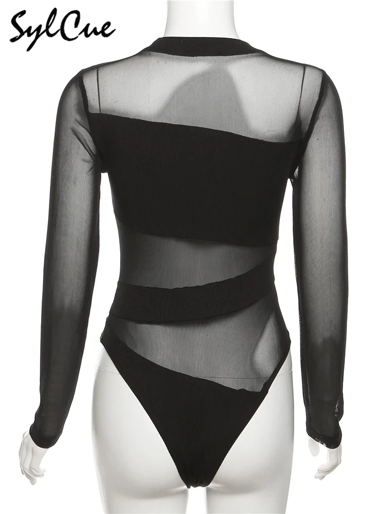 Sylcue-Macacão preto de manga comprida feminino, Apertado, Sexy, Perspectiva, Todos os jogos, Na moda, Rua principal, Confiante, Mulheres