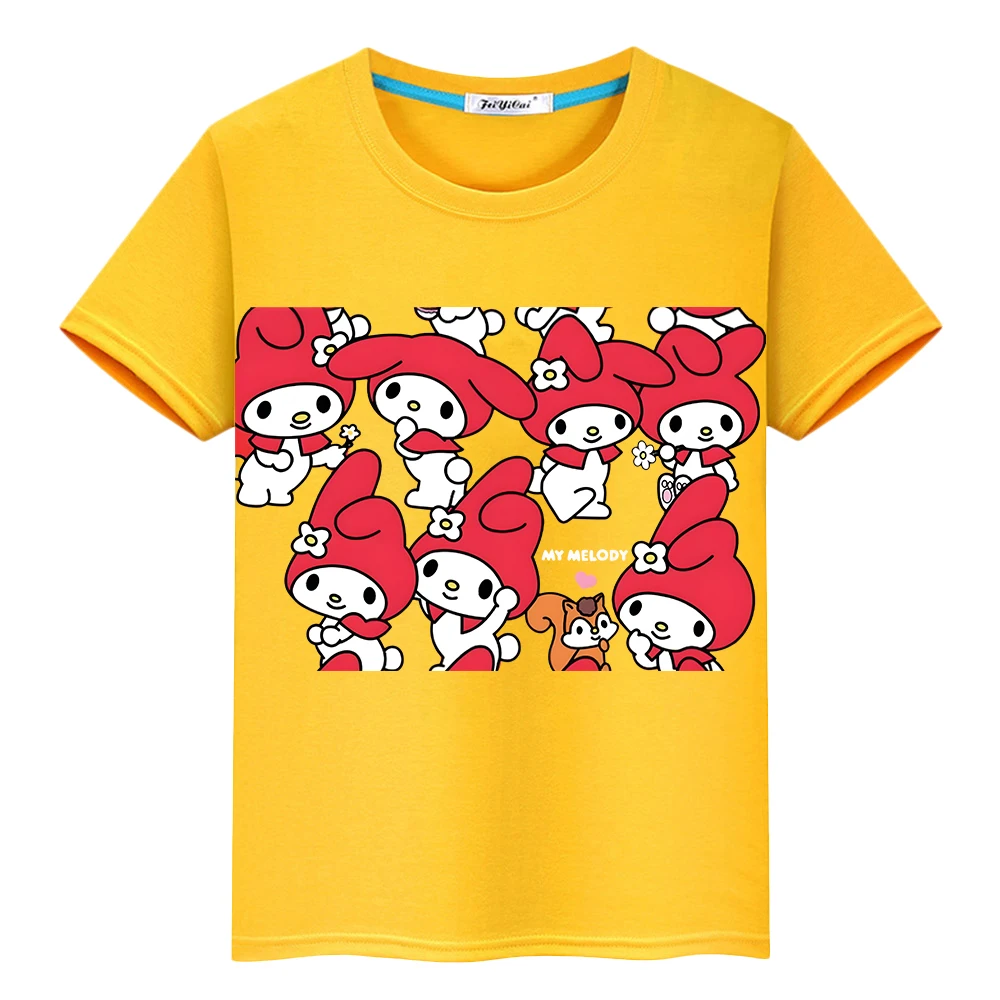 Sanrio Melody Kawaii Print 100% хлопок короткая футболка аниме тройники гордость футболка Симпатичные топы мальчик одежда y2k цельнокроеная детская одежда для девочек